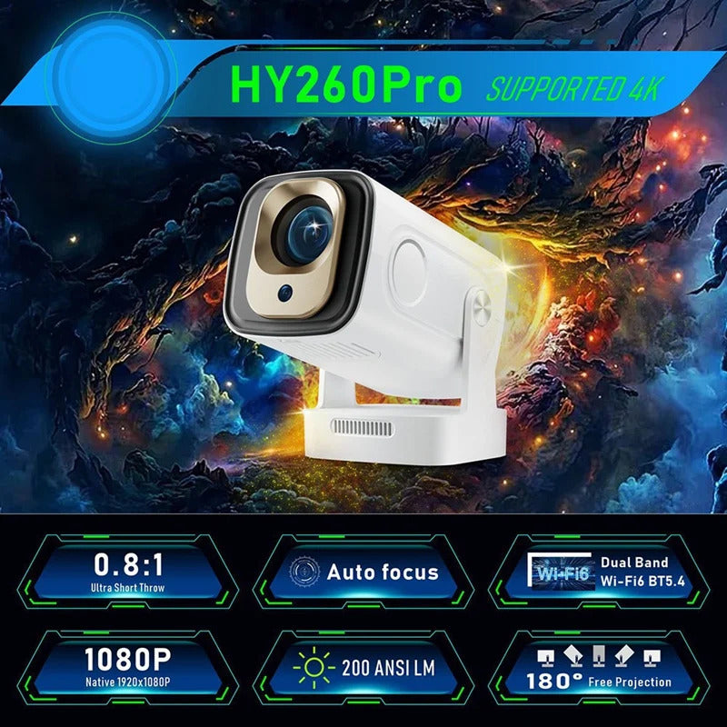 B03B-HY260 PRO 1080P Android 11 4K Projector 200ANSI Wifi6 BT5.4 Cinema Outdoor Portable 180°Rotable Projector Global