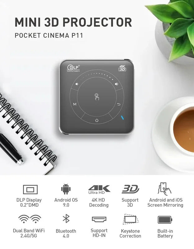 P11 DLP Projector Protable Android 9.0 Mini 3D Projector Dual WiFi Bluetooth4.0 4GB LPDDR4 32GB EMMC ARM Cortex A55 Video Palyer