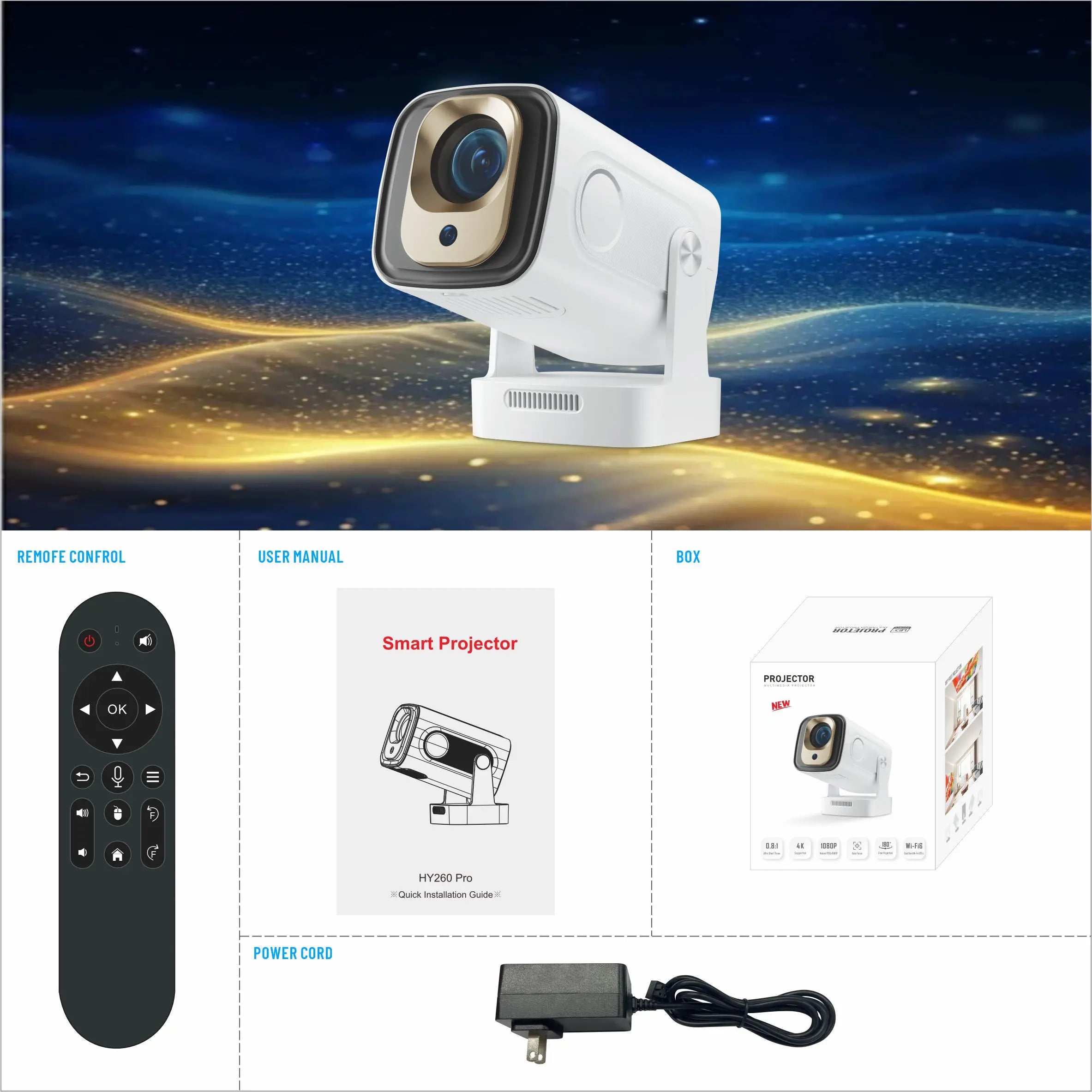 2025 HY260 PRO 1080P 1920x1080P Allwinner H713 Android 11 Projector 400ANSI Wifi6 BT5.4 Cinema Portable 180° Rotable Projector