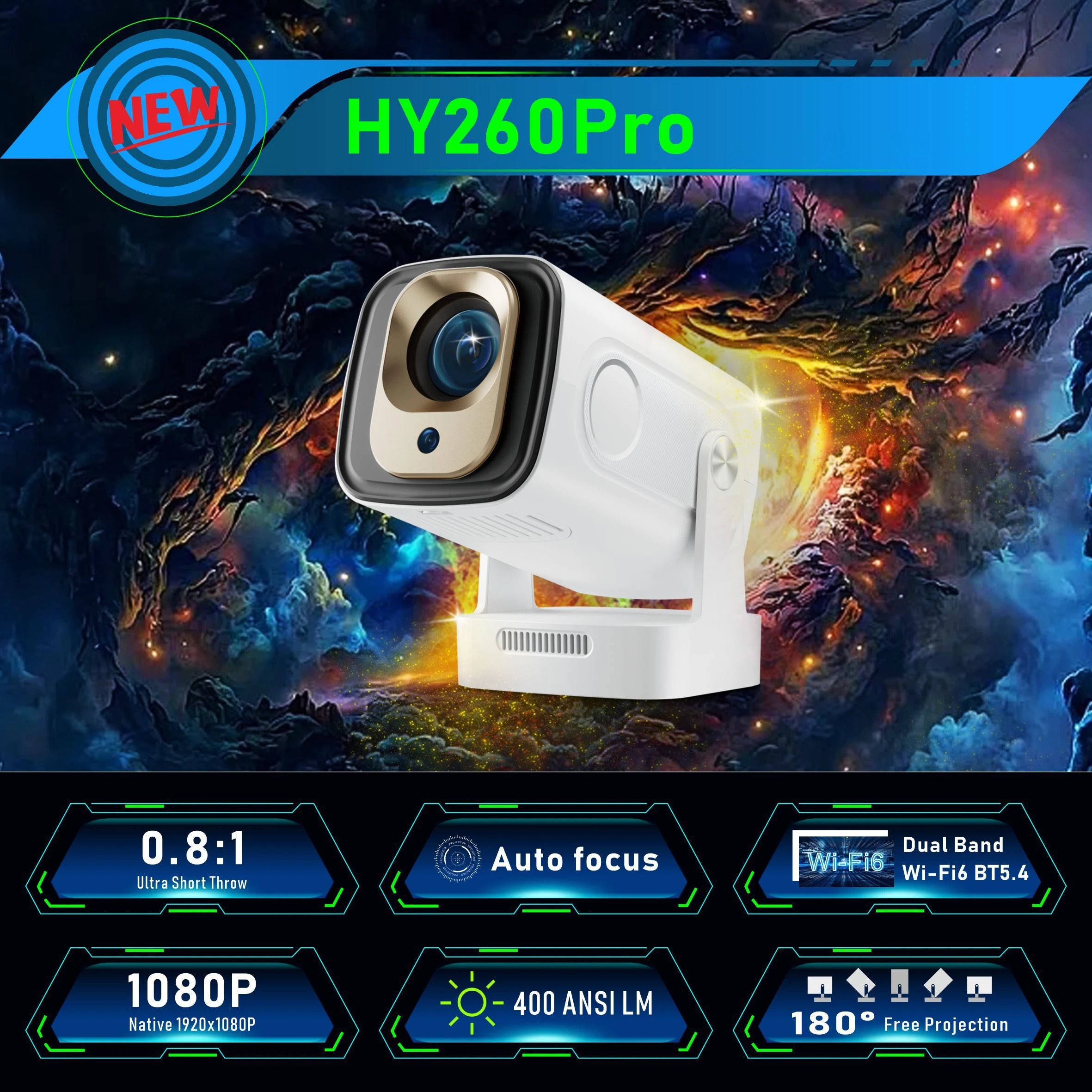2025 HY260 PRO 1080P 1920x1080P Allwinner H713 Android 11 Projector 400ANSI Wifi6 BT5.4 Cinema Portable 180° Rotable Projector