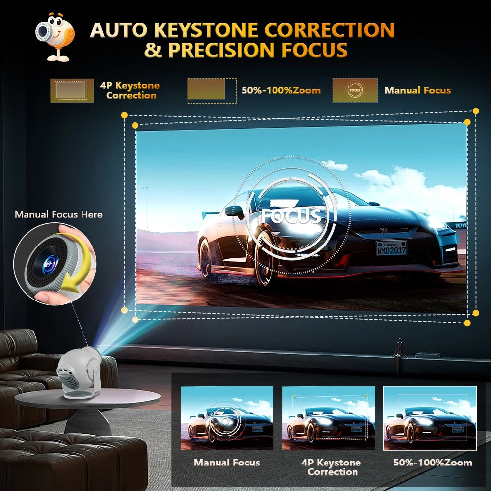 Velec TP360 Smart Projector: Android 14, 450 ANSI, 720P, supports 8K decoding, portable for outdoor and home entertainment.