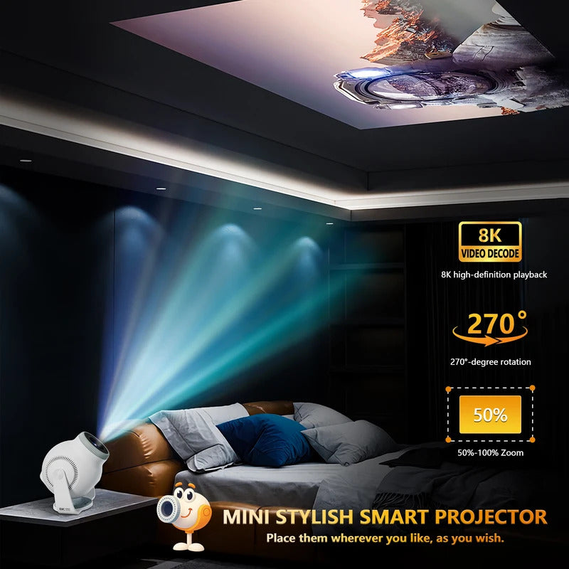 Velec TP360 Smart Projector: Android 14, 450 ANSI, 720P, supports 8K decoding, portable for outdoor and home entertainment.