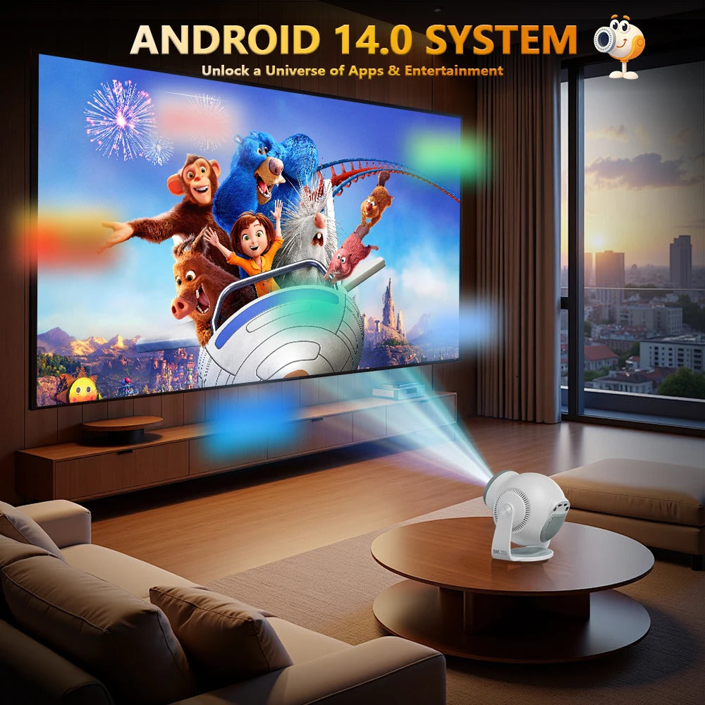 Velec TP360 Smart Projector: Android 14, 450 ANSI, 720P, supports 8K decoding, portable for outdoor and home entertainment.