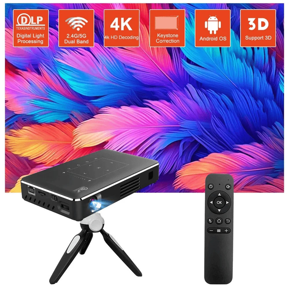 P10-II Portable DLP Android 9.0 Mini Projector Support 3D WIFI 100M RJ45 LAN Bluetooth 4.2 Home Cinema LED Video Projector 4K