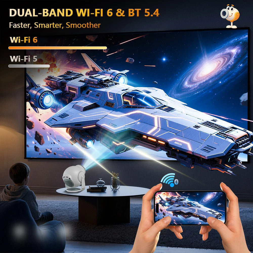 Velec TP360 Smart Projector: Android 14, 450 ANSI, 720P, supports 8K decoding, portable for outdoor and home entertainment.