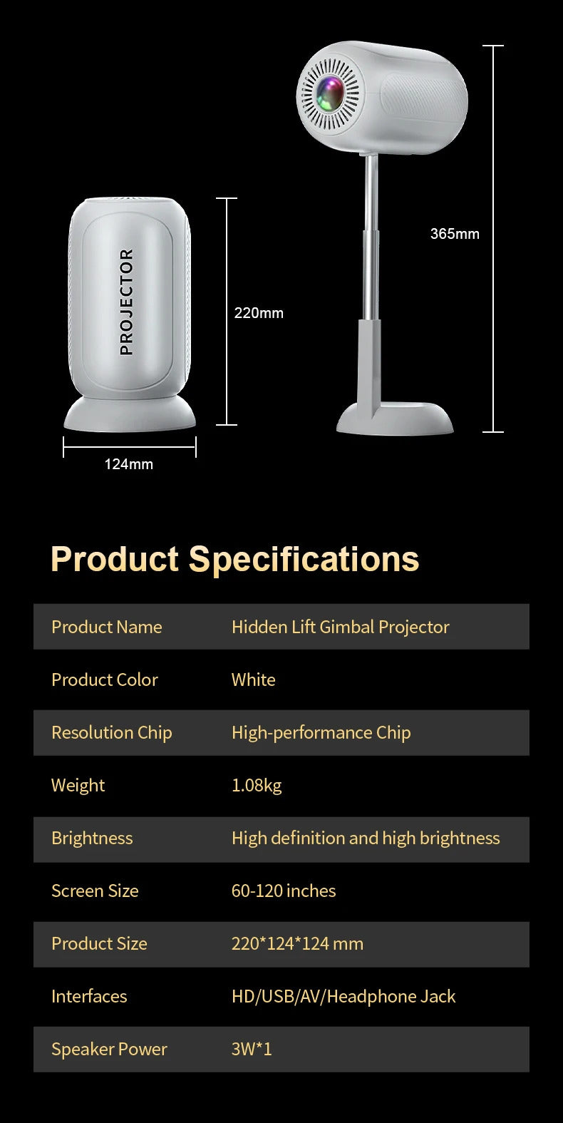 Original TS-6 Smart projector Hidden Lift Gimbal Projector 2.4G 5G WIFI BT High Brightness Home Theater 100 Inch Screen