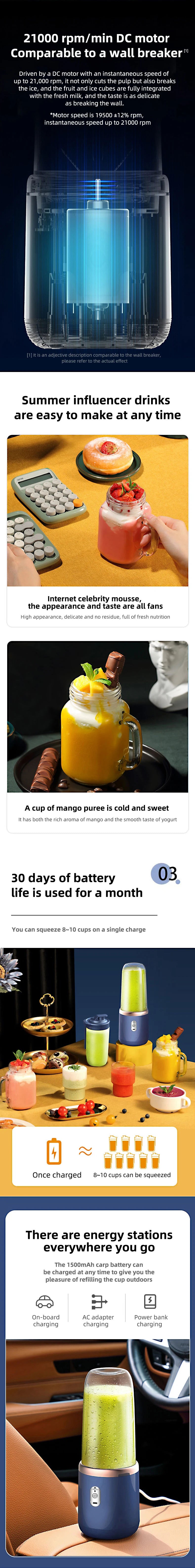 1PCS Juice Extractor Juice Cup Portable Rechargeable Small Juice Cup Home and Outdoor Multifunctional Juice Mixing 2Cups